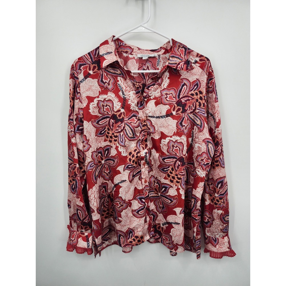 Chico's Button Down Shirt Women Size 1.5 US 10 Red Floral Paisley Pleated Cuff